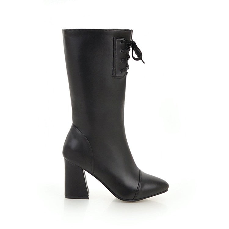Women Pointed Toe Lace-Up Block Chunky Heel Mid-Calf Boots