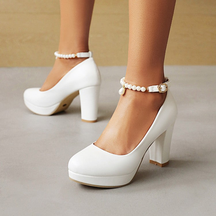 Women Pearls Ankle Strap Shallow Block Heel Platform Pumps
