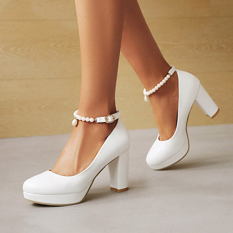 Women Pearls Ankle Strap Shallow Block Heel Platform Pumps