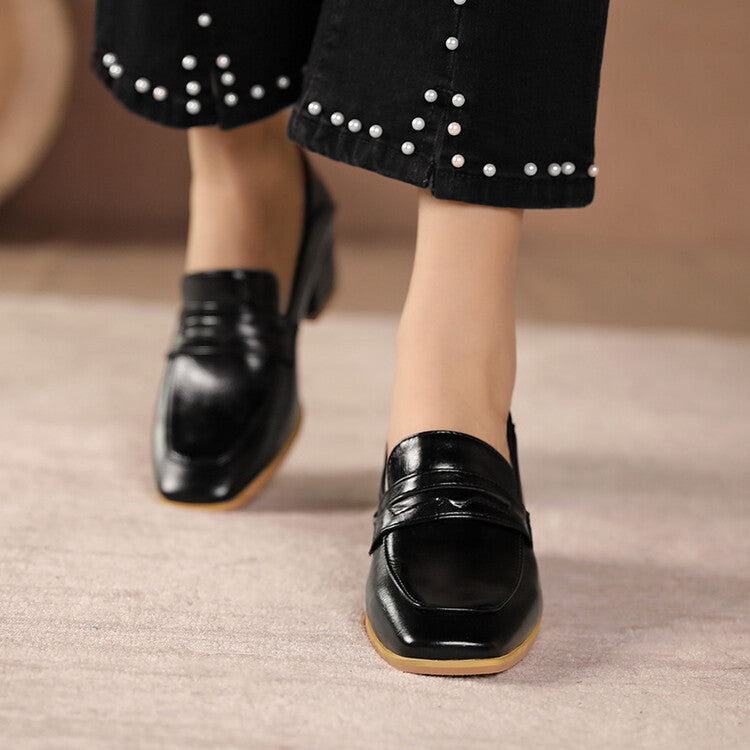 Women Square Toe Shallow Block Heel Slip-On Loafers Loafers