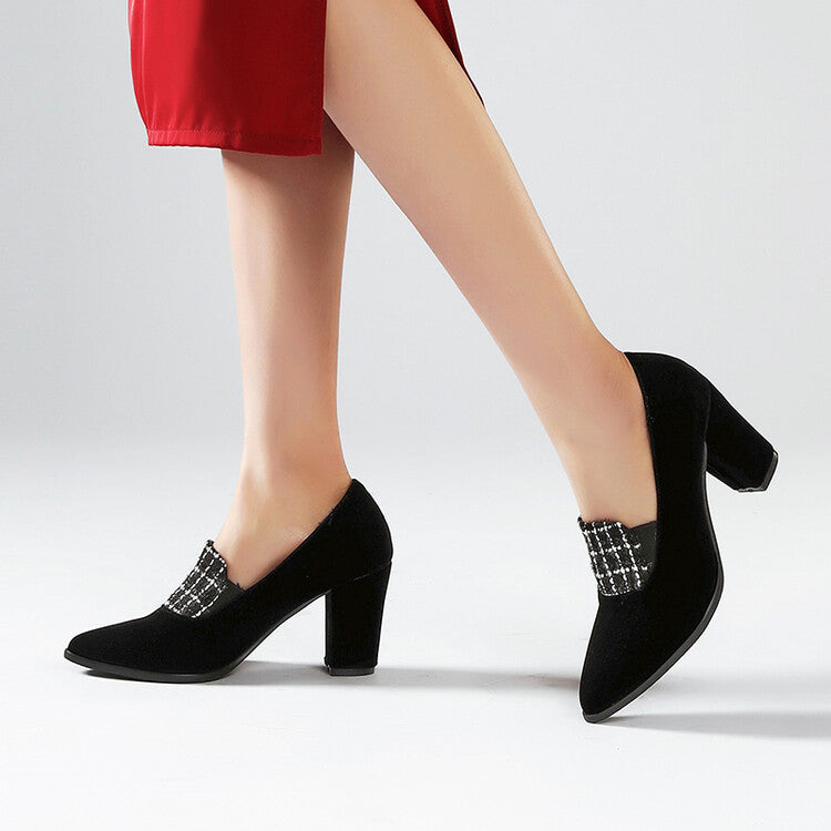 Women Lattice Patchwork Shallow Chunky Heel Slip-On Loafers