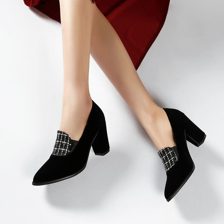 Women Lattice Patchwork Shallow Chunky Heel Slip-On Loafers
