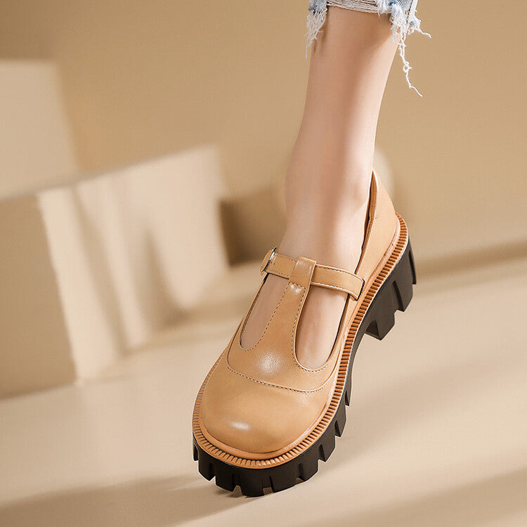 Women Square Toe T Strap Chunky Heel Platform Loafers