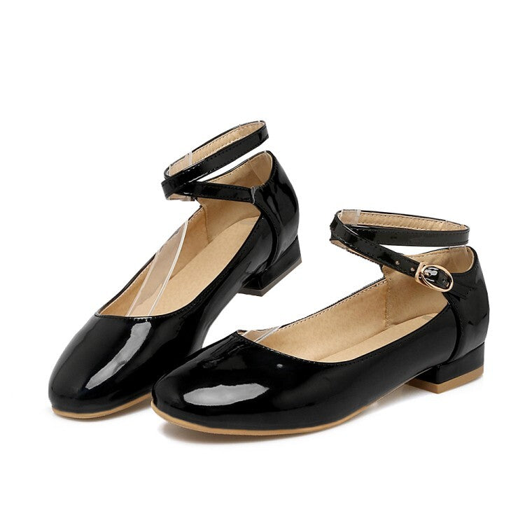 Women Glossy Shallow Ankle Strap Flat Pumps