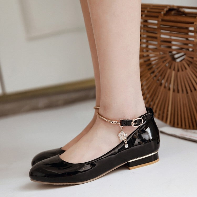 Women Glossy Round Toe Shallow Metal Ankle Strap Flat Pumps