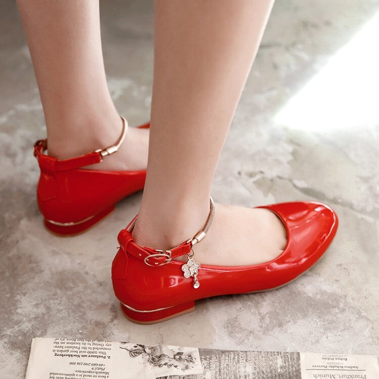 Women Glossy Round Toe Shallow Metal Ankle Strap Flat Pumps