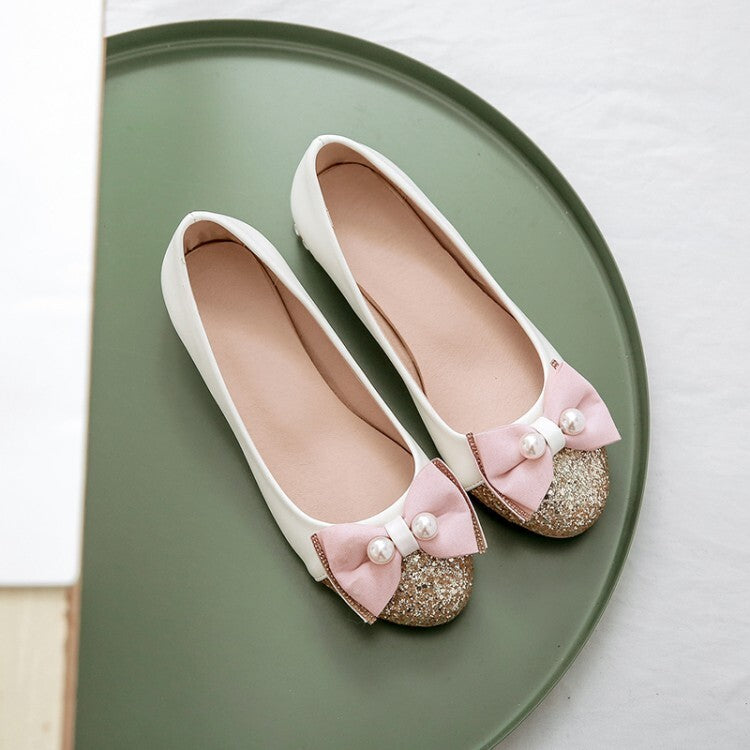 Women Sequins Pearls Bow Tie Shallow Flat Pumps