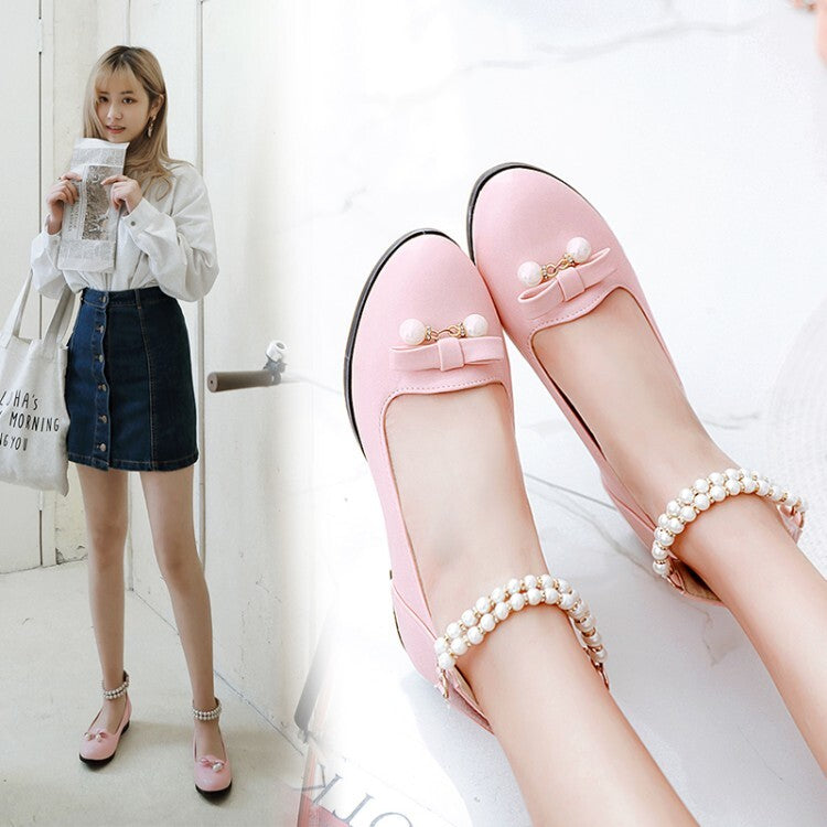Women Round Toe Pearls Bow Tie Shallow Ankle Strap Rhinestone Flat Pumps