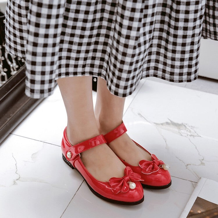 Women Round Toe Pearls Bow Tie Mary Janes Flat Pumps