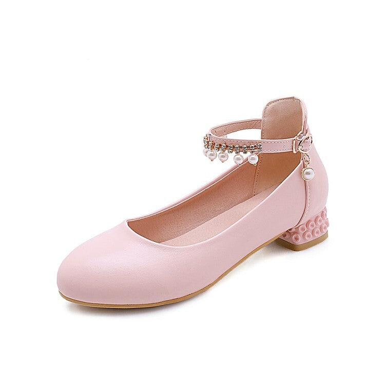 Women Round Toe Shallow Pearls Ankle Strap Flat Pumps