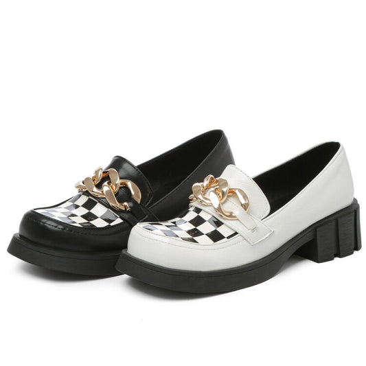 Women Square Toe Bicolor Chains Block Heel Loafers
