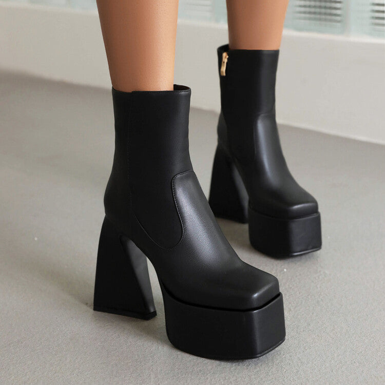 Women Booties Glossy Square Toe Side Zippers Strange Heel Heel Platform Short Boots