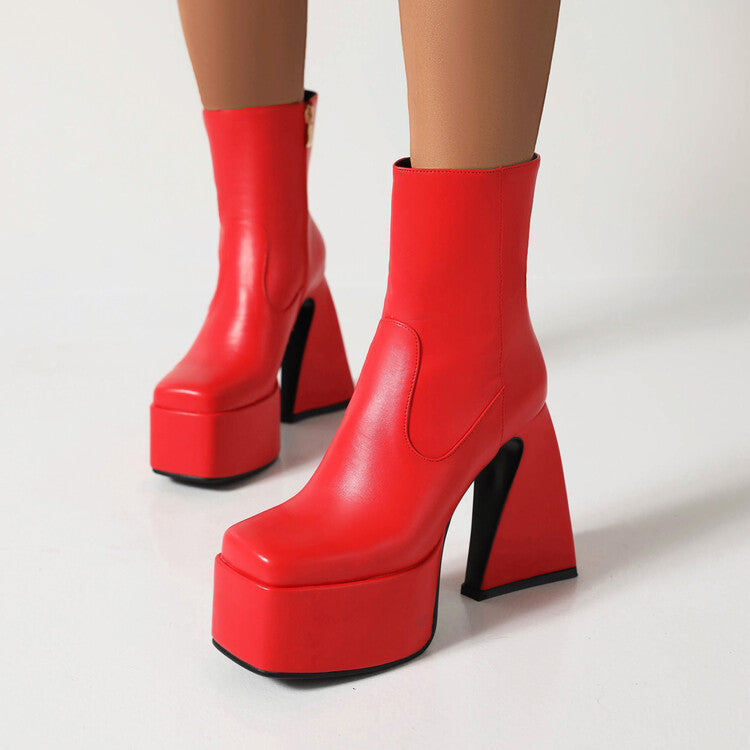 Women Booties Glossy Square Toe Side Zippers Strange Heel Heel Platform Short Boots