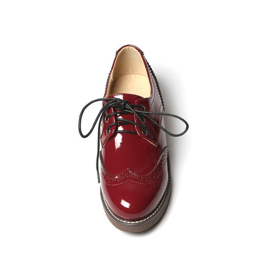 Women Glossy Round Toe Lace-Up Stitch Oxford Shoes