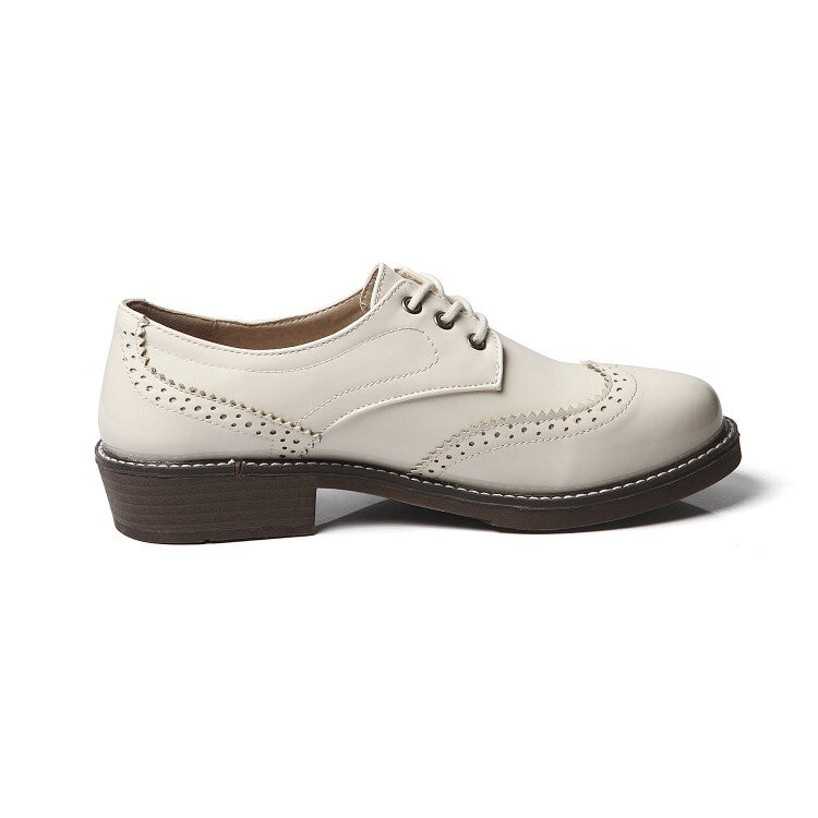 Women Glossy Round Toe Lace-Up Stitch Oxford Shoes