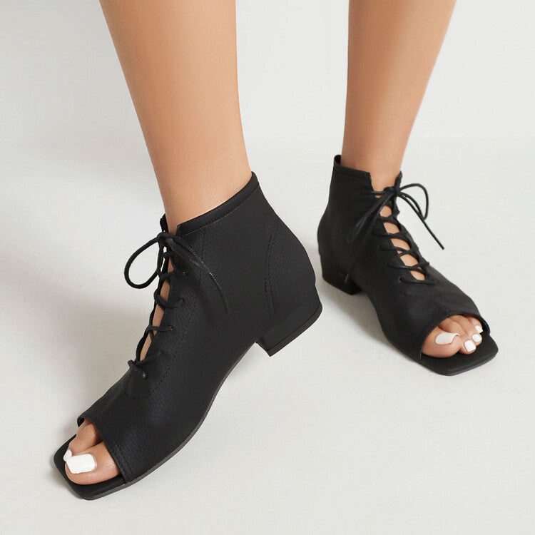 Women Square Open Toe Lace-Up Flat Sandals