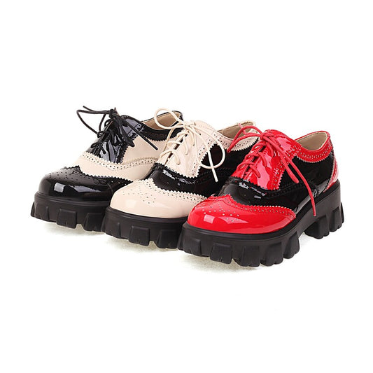 Women Round Toe Carved Lace Up Platform Heels Oxford Shoes Shoes