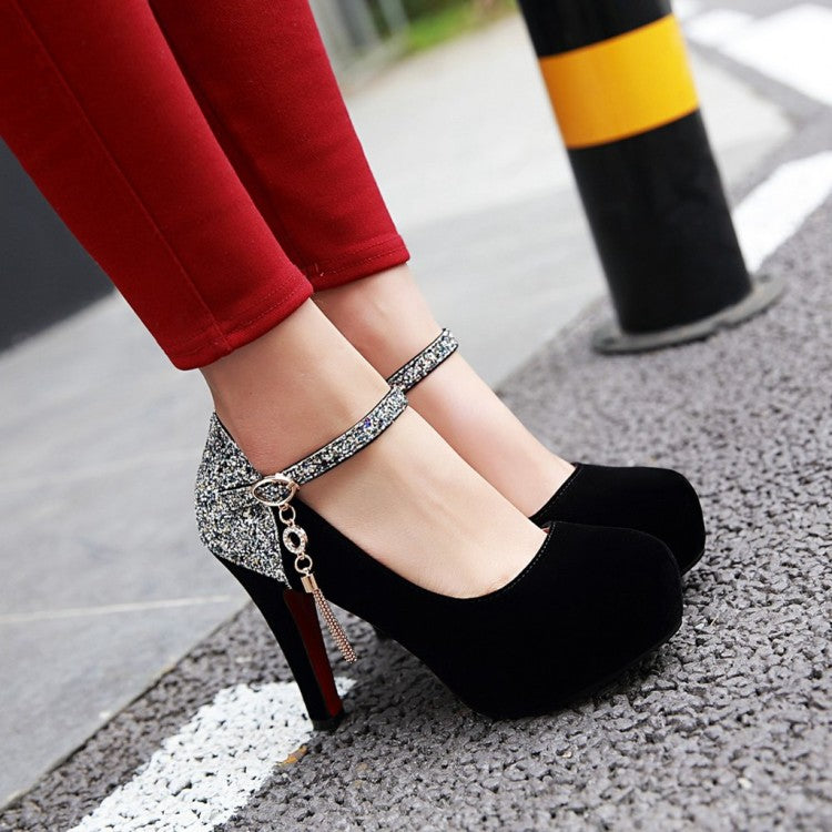 Women Suede Almond Toe Sequins Ankle Strap Chunky Heels High Heel Platform Pumps