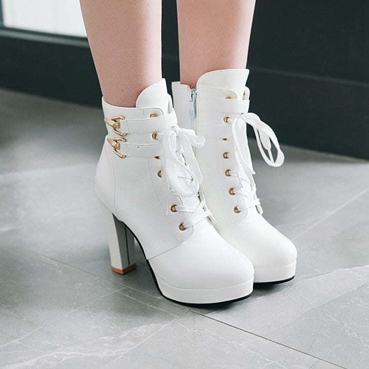 Women Lace Up Chunky Heel Platform Ankle Boots