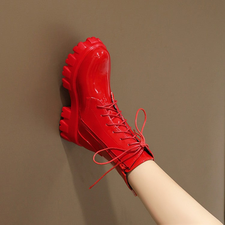 Woman Glossy Lace Up Side Zippers Block Heel Platform Short Boots