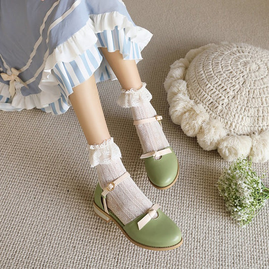 Woman Lolita Round Toe Butterfly Knot Hollow Out Flat Sandals