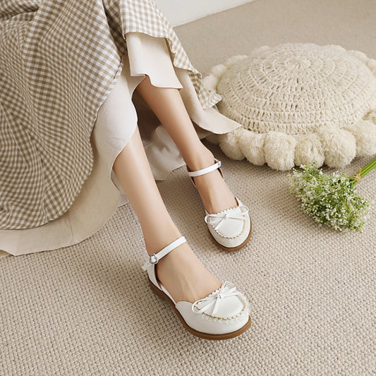 Woman Round Toe Butterfly Knot Ankle Strap Hollow Out Flat Sandals