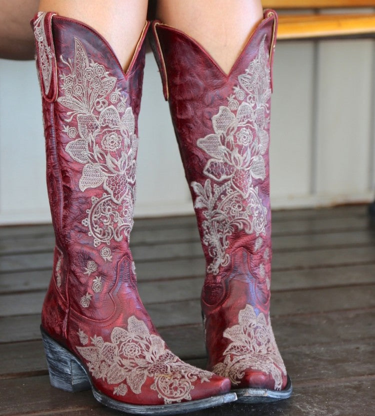 Women Ethnic Patchwork Embroidery Low Heels Cowboy Knee High Boots