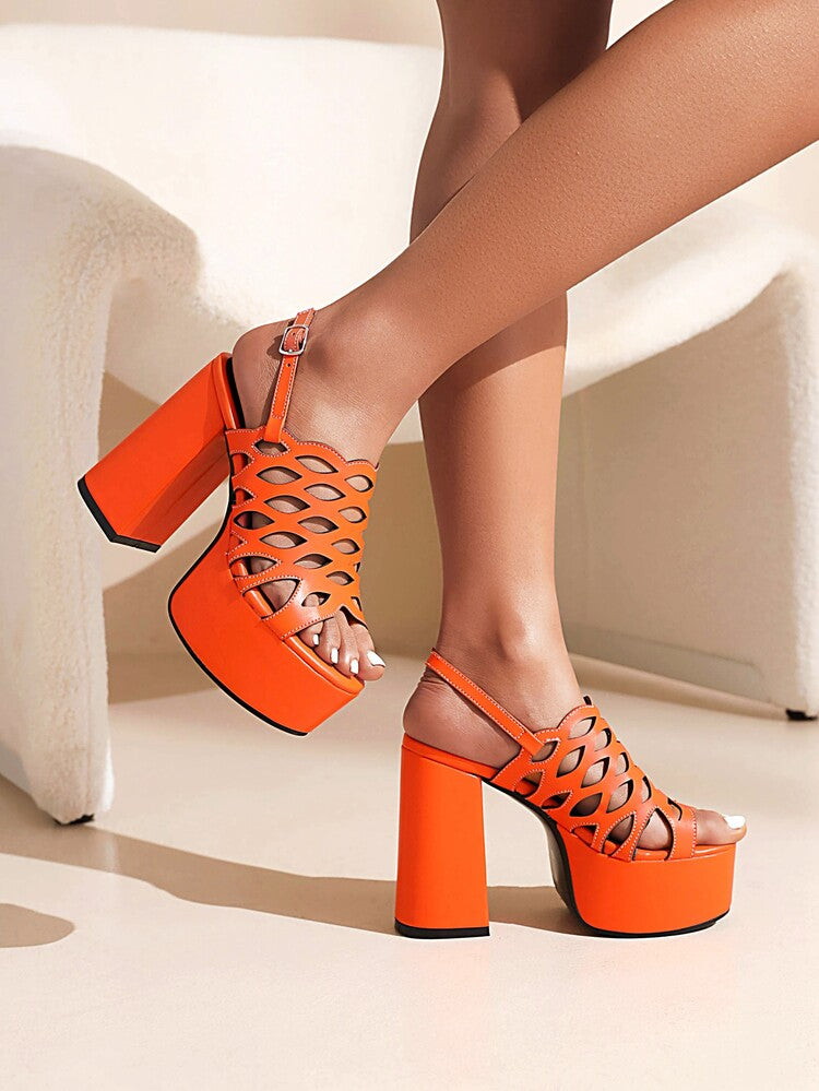 Women Snake Printed Hollow Out Thick Sole Block Heel Platform Sandals