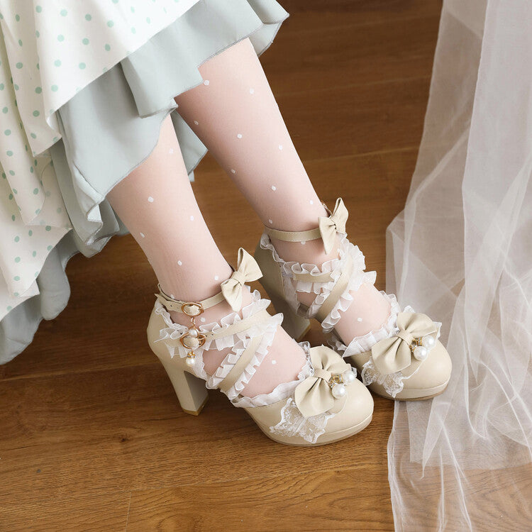 Woman Lolita Lace Pearls Butterfly Knot Chunky Heel Platform Sandals