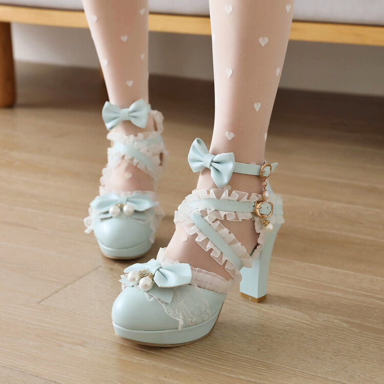Woman Lolita Lace Pearls Butterfly Knot Chunky Heel Platform Sandals