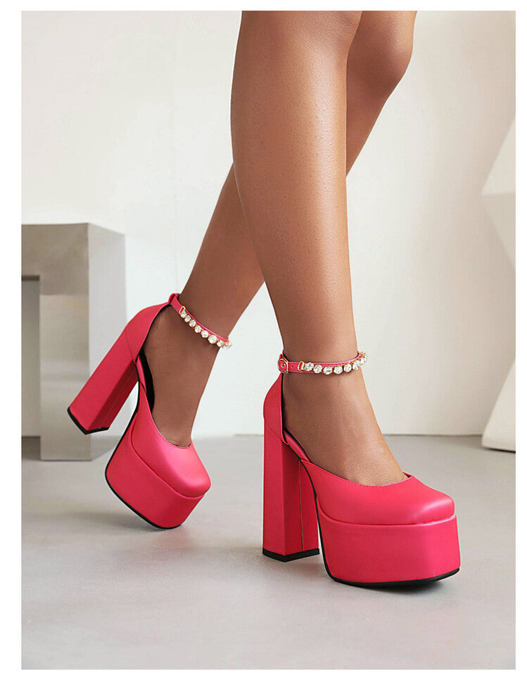 Women Solid Color Round Toe Chunky Heel Ankle Strap Rhinestone High Heels Platform Sandals