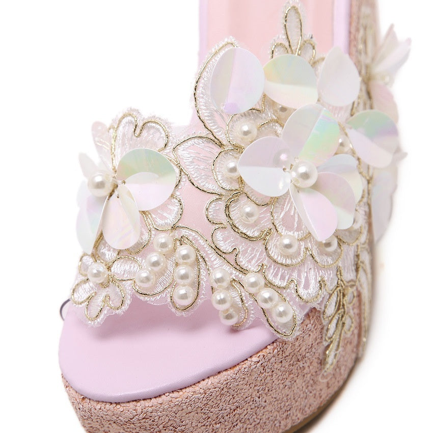 Women Shoes Korean Sweet Beaded Flowers Transparent Slippers Sandals