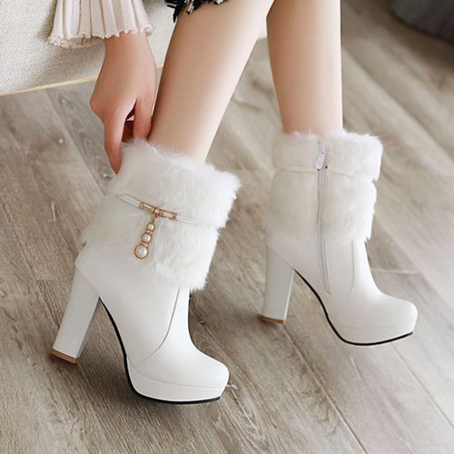 Woman Pearl Furry High Heels Platform Short Boots