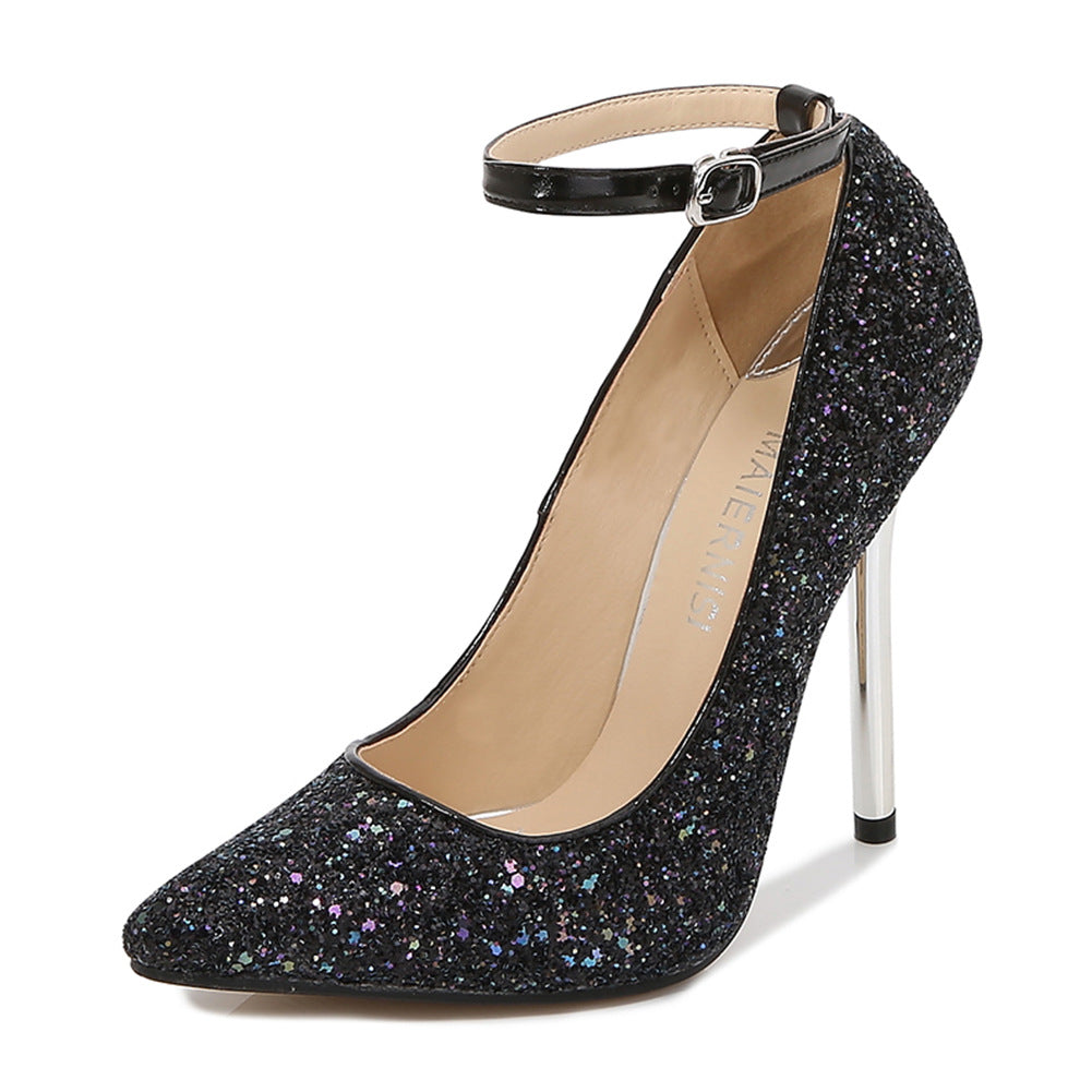 Women Sequins Pointed Toe Shallow Ankle Strap Stiletto Heel Pumps