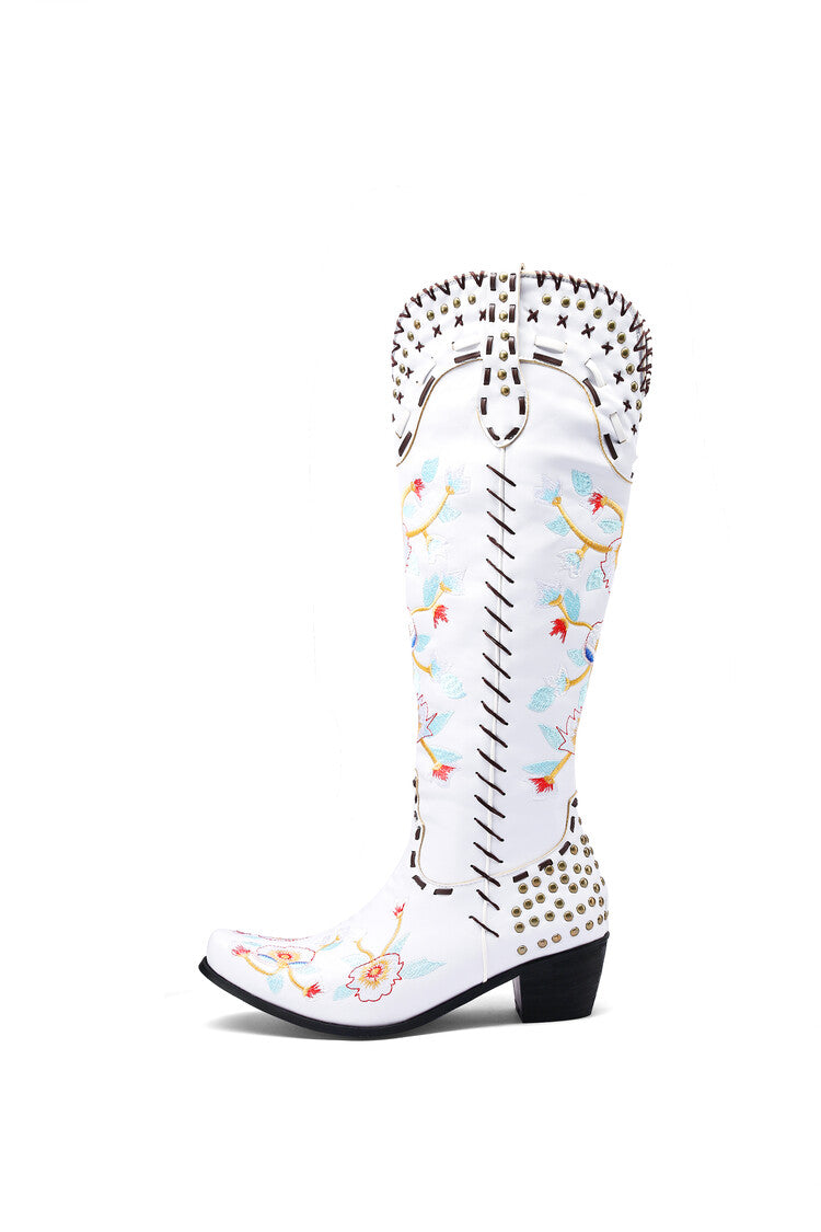 Women Flora Embroidery Puppy Heel Cowboy Knee High Boots