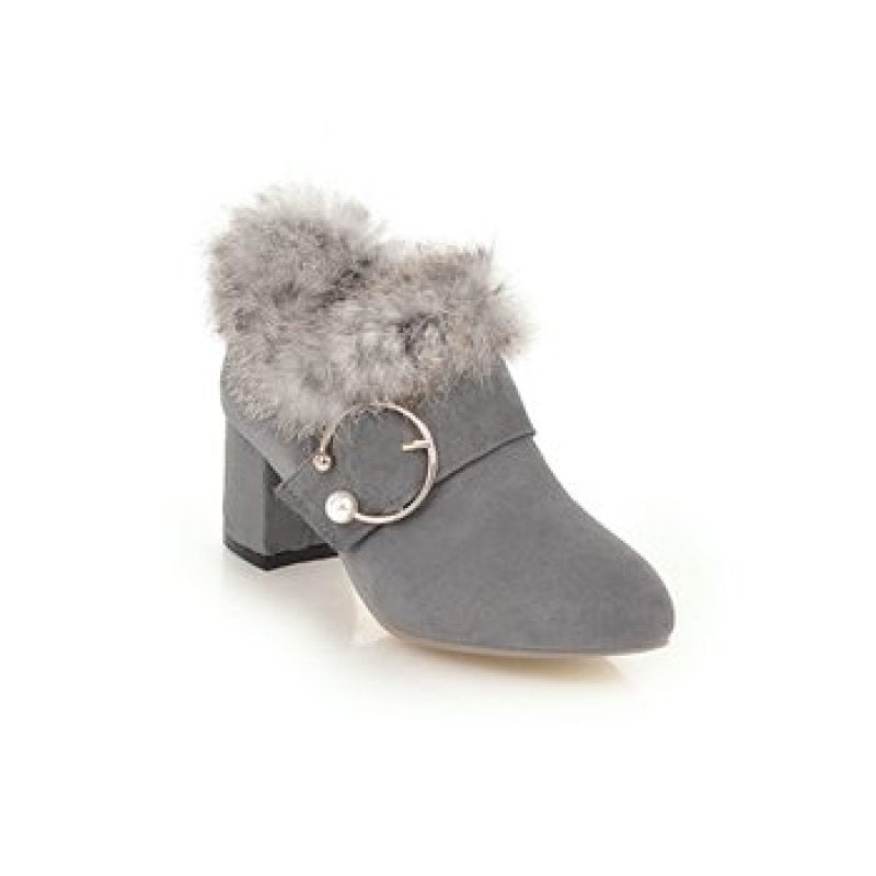 Women Flock Pointed Toe Pearls Buckle Straps Floppy Block Chunky Heel Short Boots