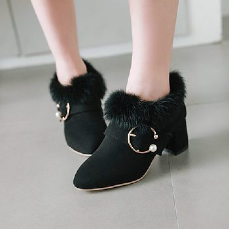 Women Flock Pointed Toe Pearls Buckle Straps Floppy Block Chunky Heel Short Boots