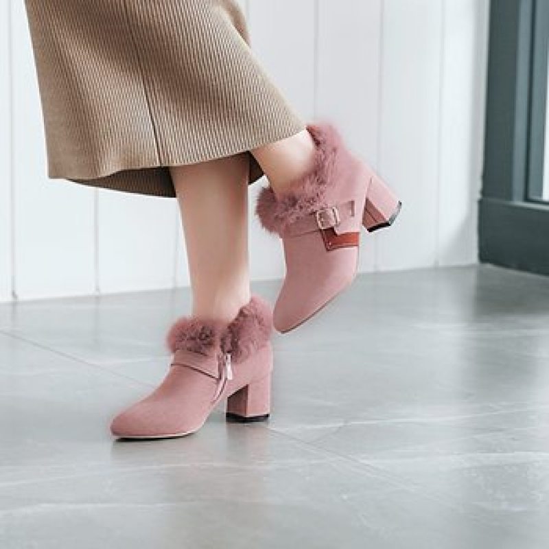 Women Flock Pointed Toe Buckle Straps Floppy Block Chunky Heel Short Boots