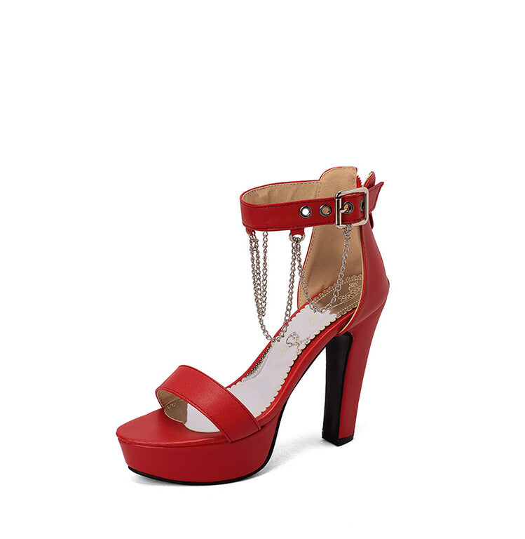 Women Buckle Straps Chains Ankle Strap Chunky Heel Platform Sandals