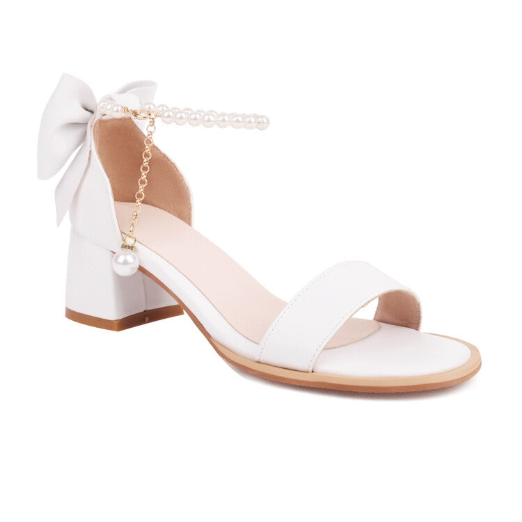 Women Pearls Beads Ankle Strap Block Chunky Heel Sandals