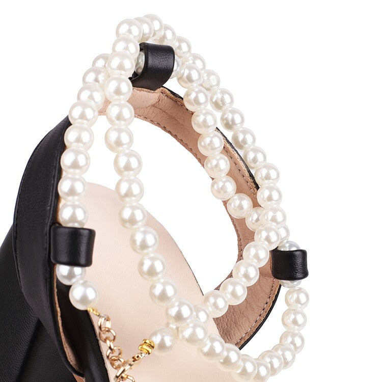 Women Crossed Straps Pearls Beads Block Chunky Heel Sandals