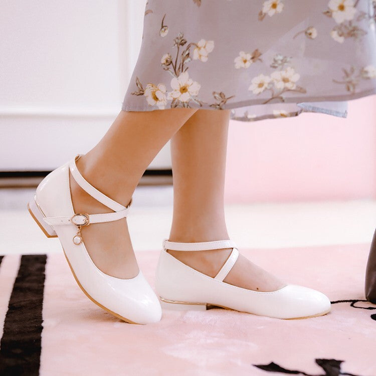 Women Shallow Pearls Crossed Ankle Strap Flat Pumps