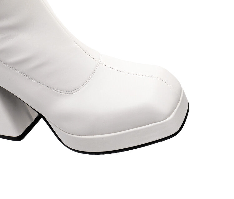 Women Square Toe Block Chunky Heel Platform Knee High Boots
