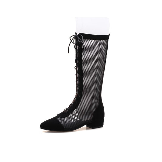 Women Pointed Toe Mesh Lace-Up Mid Calf Boots