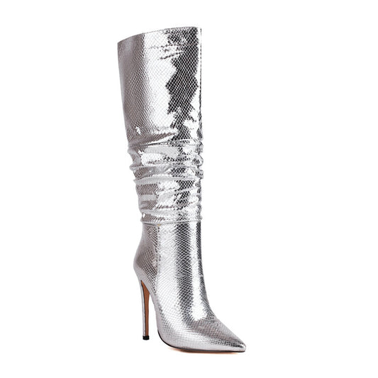 Women Glossy Pointed Toe Stiletto Heel Slouch Knee High Boots