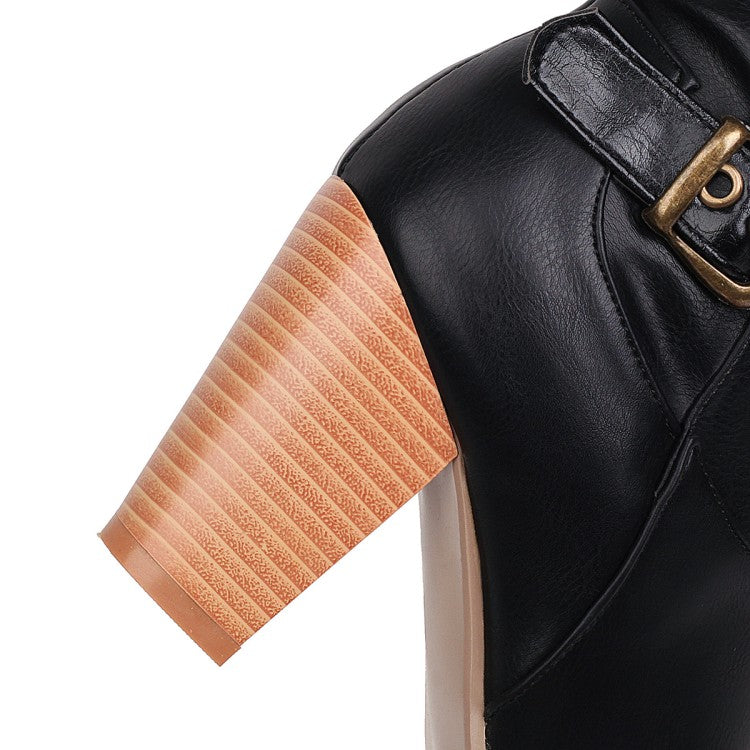 Women Pointed Toe Block Chunky Heel Buckle Straps Mid-Calf Boots