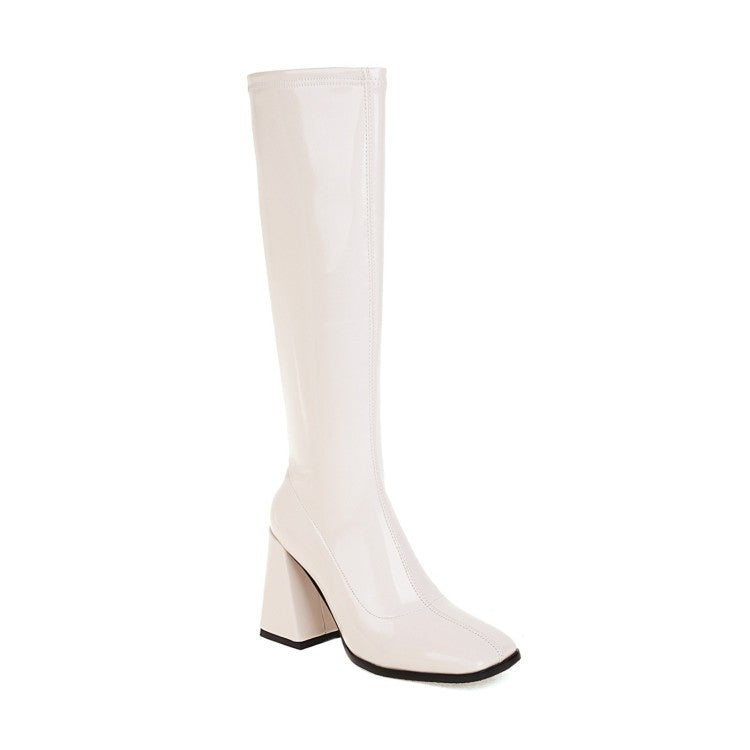 Women Glossy Square Toe Chunky Heel Knee-High Boots