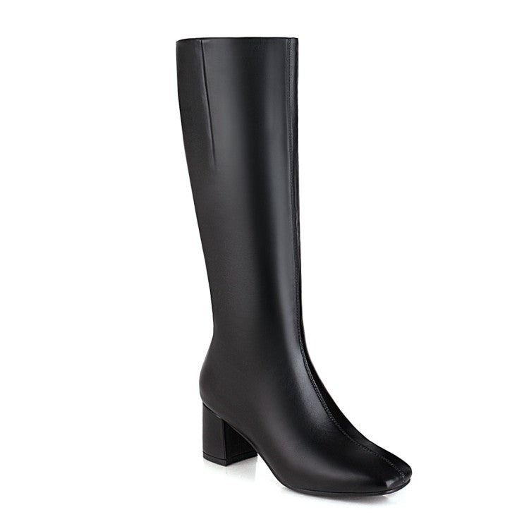 Women Square Toe Side Zippers Chunky Heel Knee-High Boots