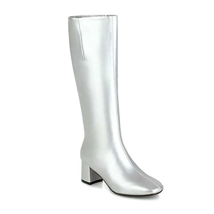 Women Square Toe Side Zippers Chunky Heel Knee-High Boots