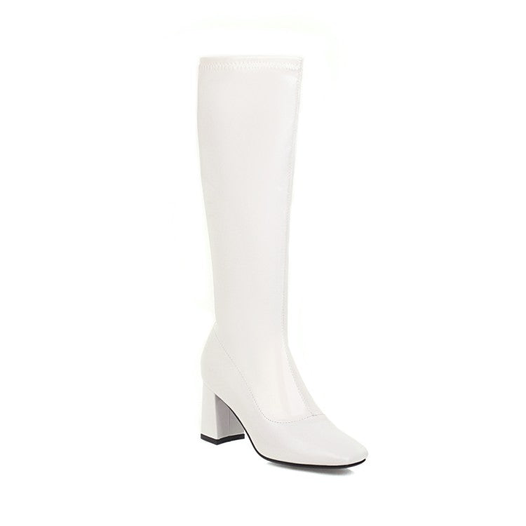Women Square Toe Glossy Side Zippers Chunky Heel Knee-High Boots